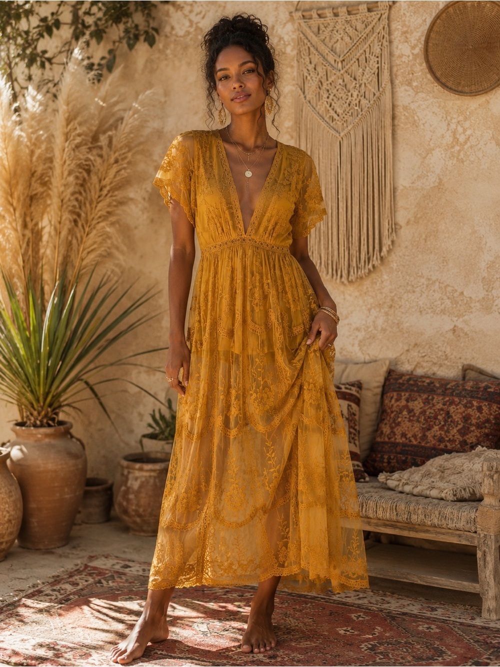 Honey Punch Women’s Mustard Lace Maxi Dress/Romper, Size Small